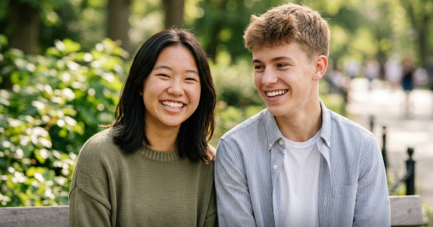 Two smiling teens with beautiful smiles at Olive Tree Orthodontics